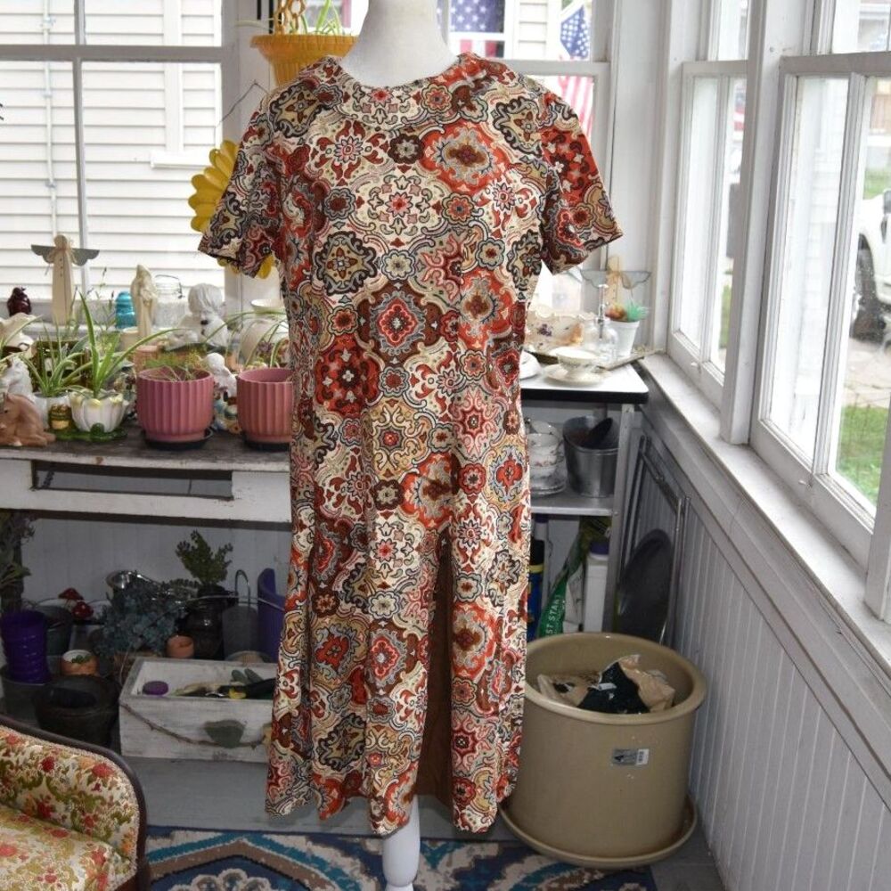 Vintage 70s Glenbrooke Penn Prest Mod A-Line Dress L Brown Floral Print USA